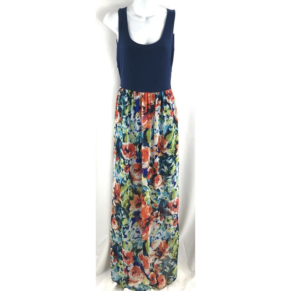 Boutique Maxi Tank Dress L Blue Floral Chiffon Crisscross Beach Coconut Girl